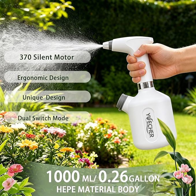 Cordless Electric Sprayer - 1L Rechargeable Spray Bottle with Dual Modes, Lightweight for Cleaning, Watering, and Disinfecting, Ergonomic Design, Adjustable Nozzle, 1500mAh Battery