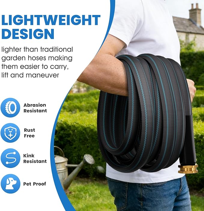 50FT Non-Expanding Garden Hose, Ultra Lightweight Water Hose, Durable & Flexible Hose, Easy to Store and Carry, All-Weather Outdoor Hose for Lawn & Garden, Car Washing