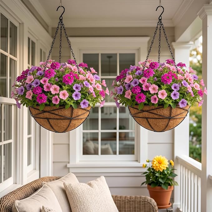 4 Pack 14 Inch Hanging Baskets for Plants Outdoor Large Flower Planters with Coco Liner for Outside Panting Watering Plant Pot Holder for Home Garden Porch Balcony Railings Decor