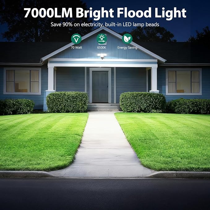 70W 7000LM Security Lights Outdoor, 4-Head LED Motion Sensor Light, Hardwired Dusk to Dawn Flood Light, 6500K Daylight, IP65 Waterproof, 3 Modes for Yard Garage Porch (1)