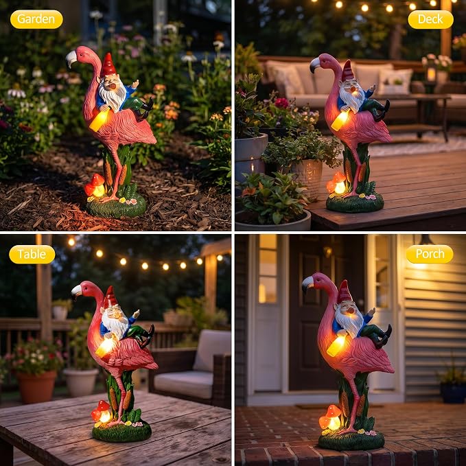 C&Y&G&X Middle Finger Gnome Riding Flamingo 13in, Funny Garden Statue Solar Powered Outdoor Yard Decor with LED Beer Bottle & Mushrooms, Waterproof Naughty Lawn Ornament Gag Gift for Patio, Porch