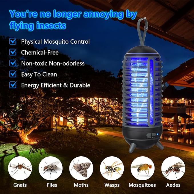 Cordless Bug Zapper Outdoor Rechargeable 2 in 1 Wireless Mosquito Killer Lamp 2500mAh Bug Zapper Electric Trap Ideal Fly Zapper Indoor for Patio, Home, Backyard, Yard, Garden, Campsite (Black)