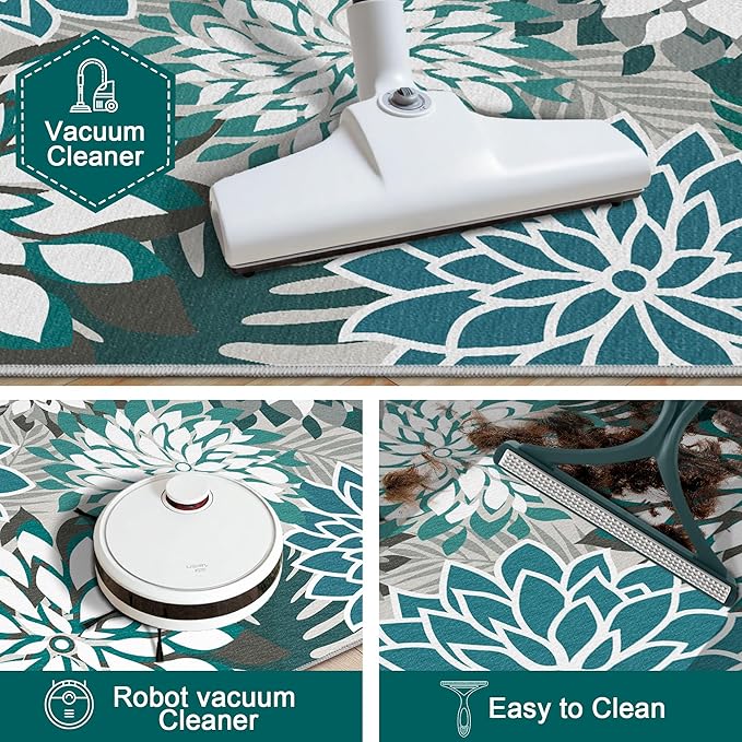 Colorful 4x6 Outdoor Area Rug Washable Rugs Multicolored Patio Rug Tropical Botanical Floral Chenille Outdoor Carpet Non Slip for RV, Pool Deck, Backyard, Porch, Teal