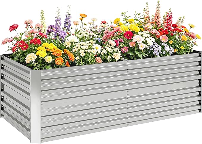 Outsunny Galvanized Raised Garden Bed Kit with Reinforcing Bars, Large and Tall Metal Planter Box for Vegetables, Flowers and Herbs, 6' x 3' x 2', Silver