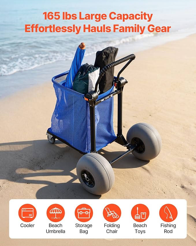 VEVOR Beach Cart with Large Wheels for Sand, 165 lbs Load Capacity, Heavy Duty Folding Beach Wagon with 12" Balloon Wheels, Storage Bag, 180° Adjustable Handlebar, Dolly for Camping Fishing Garden