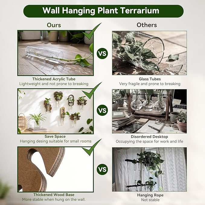 Artilady Plant Propagation Station 2 Pack Wall Hanging Plant Terrarium Holder with Test Tube Wood Window Planter Indoor Decor for Living Room Bedroom Kitchen (Leaves)