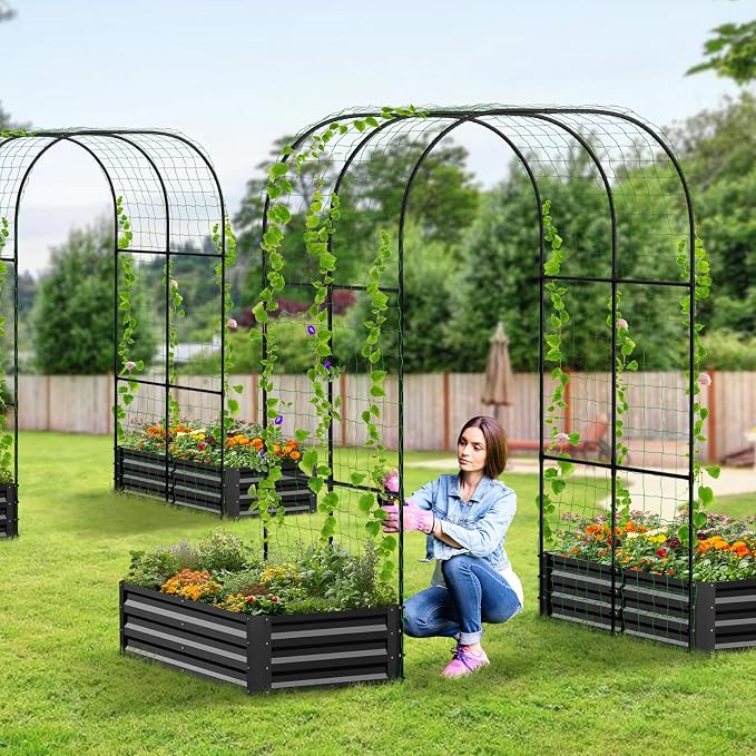 3 in 1 Galvanized Raised Garden Bed with 87" H Arch Trellis for Climbing Plants, Outdoor Gardening Planter Box with Climbing Net for Flower Vegetables Fruits Herbs, Black