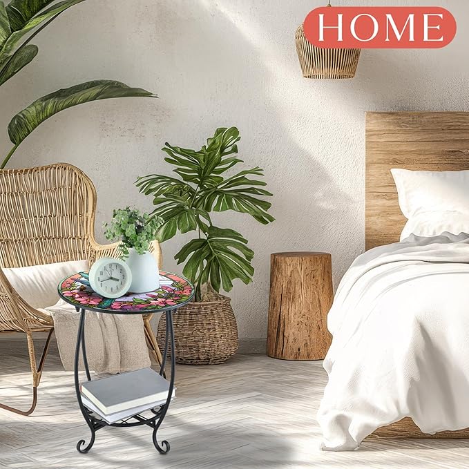 Cinnvoice Outdoor Side Table Round Small Mosaic Patio Accent Indoor End Plant Coffee Tea Table for Yard Patio Porch Garden Living Room, Bedroom(Hummingbird Style,14 Inch)