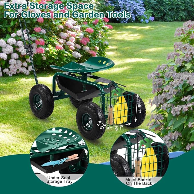 VINGLI Garden Cart with Rolling Seat, Wheels, Adjustable Steering Handle & Utility Tool Tray, Planting Wagon Scooter, Gardening Tool for Senior, for Patio, Backyard, Lawn & Outdoor (Green)