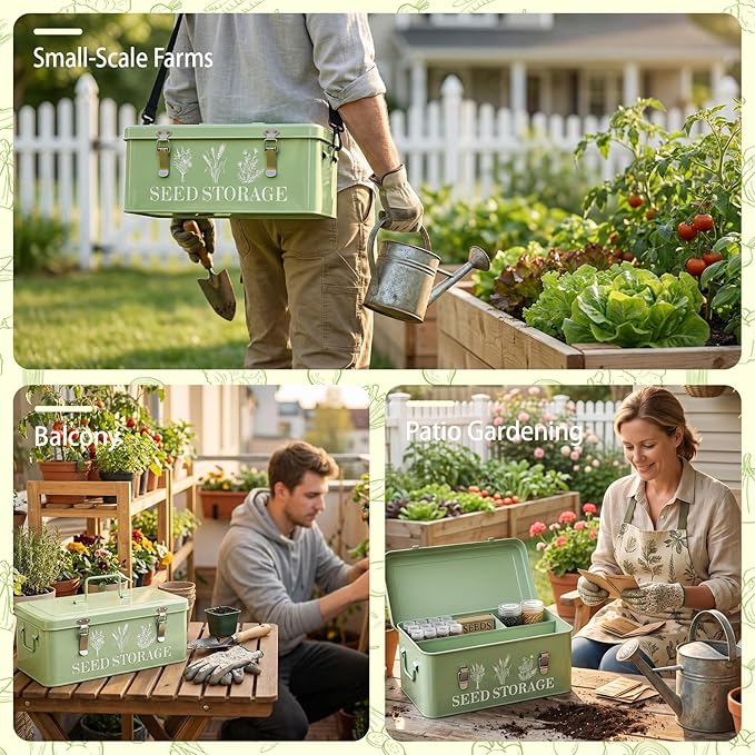 Seed Storage Organizer,Seed Storage Box with Strap,10 Large Seed & 30 Small Bottles,70 Label,60 Seeds Envelopes,4 Compartments Seed Organizer with Dual Safety Locks,Ideal for Garden Flower Plants