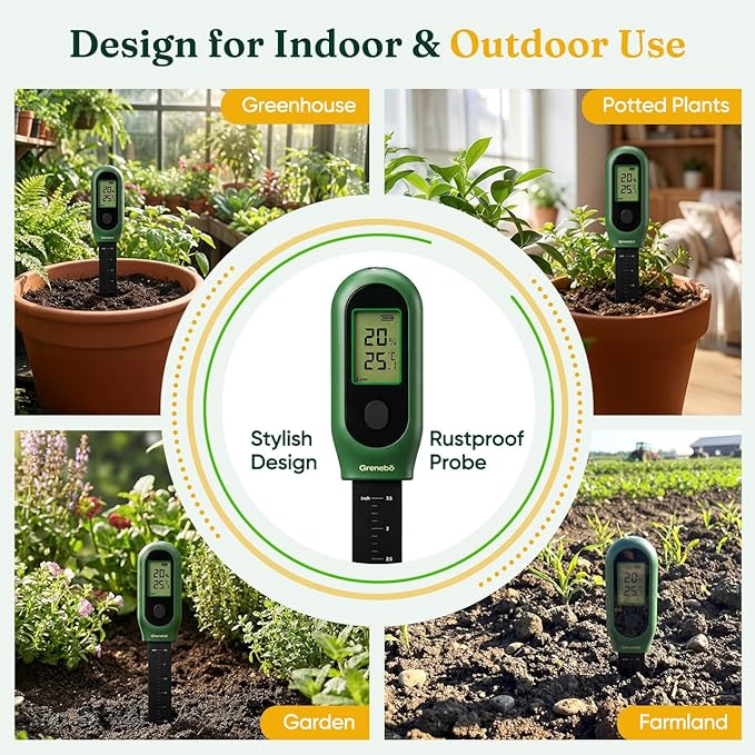 Grenebo 3-in-1 Soil Moisture Meter, Digital Plant Water Meter, Temperature & Sunlight Intensity Sensor, LCD Display Soil Tester for Gardening, Farming, Plant Care, Indoor & Outdoor Plants（Green）