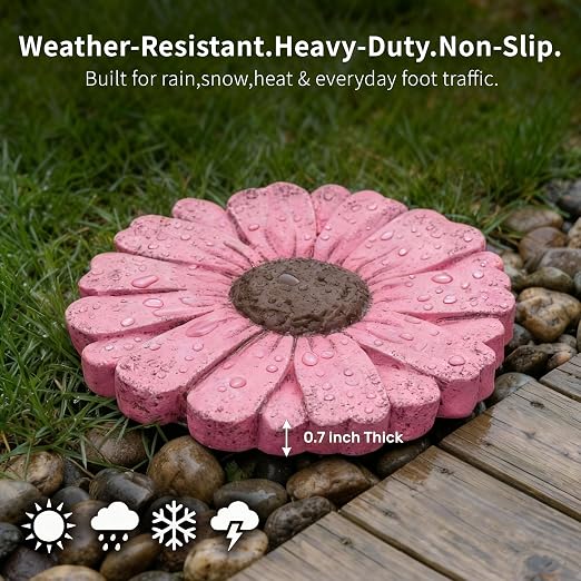 Heavy Duty Concrete Stepping Stone 10 Inch Daisy Design, Non Slip Garden Pathway Stone for Outdoor Walkway Yard Patio Lawn (Pink)