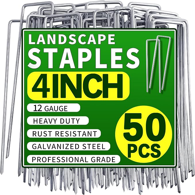 50 Pack Landscape Staples 4 Inch Garden Stakes Galvanized Garden Staples Pins Anti-Rust Ground Stakes for Weed Barrier, Irrigation Tubing, Landscaping Fabric, Yard Lawn