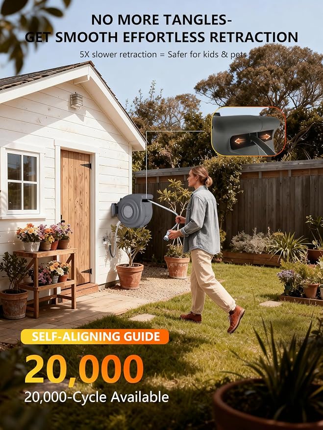 Retractable Garden Hose Reel 1/2 in x 100 ft Heavy Duty Automatic Water Hose Reel with 10-Function Sprayer Nozzle Kink-Free Auto Rewind Any-Length Lock 180° Swivel UV Resistant - Dark Gray
