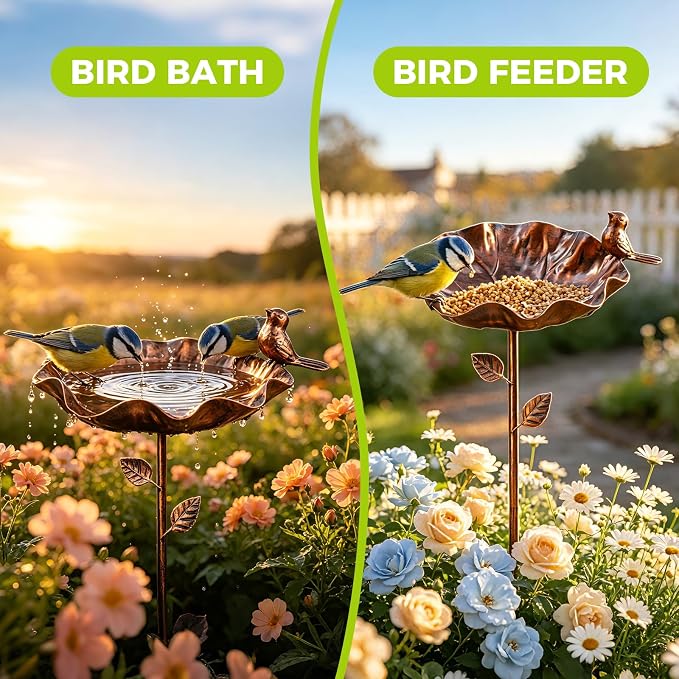 Bird Feeders for Outdoors, 28 Inches Metal Birdbath, Docorative Hummingbird Feeders & Bird Bath for Outside, Vintage Decor for Garden Yard Patio Lawn, 2 PCS, Bronze