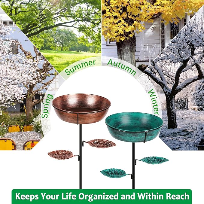 Metal Bird Bath for Outdoor 2 Pack- Garden Bird Bath with Removable Bowl Heavy-Duty Base, Winter Birdbath Feeder Rust-Proof Birdbaths for Garden Yard Lawn Decor, Easy to Install(Bronze&Green)