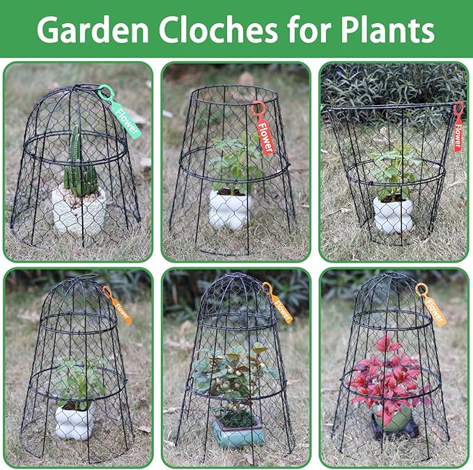 6 PCS 17.7"H X11.42"D Chicken Wire Plant Covers Protectors, Rustproof Heavy Duty Metal Plant Cage with Stakes & Labels, Modular Garden Cloches Design for Seedling Flower Vegetable Protect from Animals