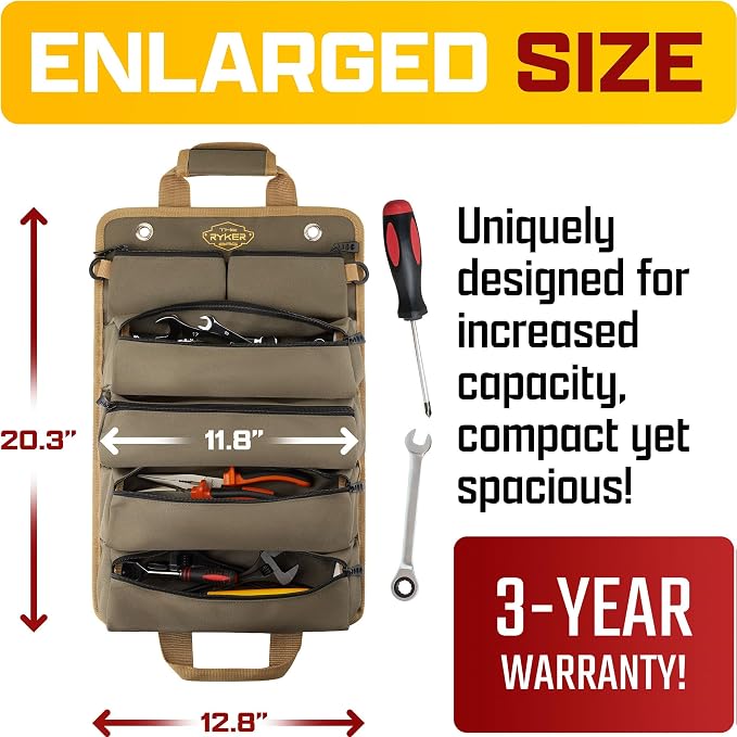 The Ryker Roll Up Tool Bag Organizer Heavy Duty Motorcycle Tool Roll Bag Organizer. Portable Rollup Toolbag w/Detachable Pouches - Tools Bags Mens gifts for him/Mechanic (Khaki+Black)