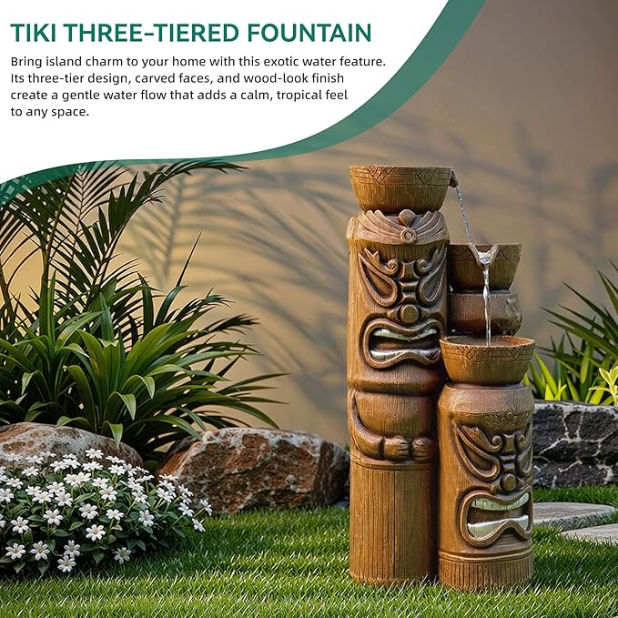 31" Outdoor Fountain, 3-Tier Tiki Head Bowl Water Feature with LED Lights, Tropical Resin Soothing Cascading Waterfall for Patio, Backyard, Garden or Porch