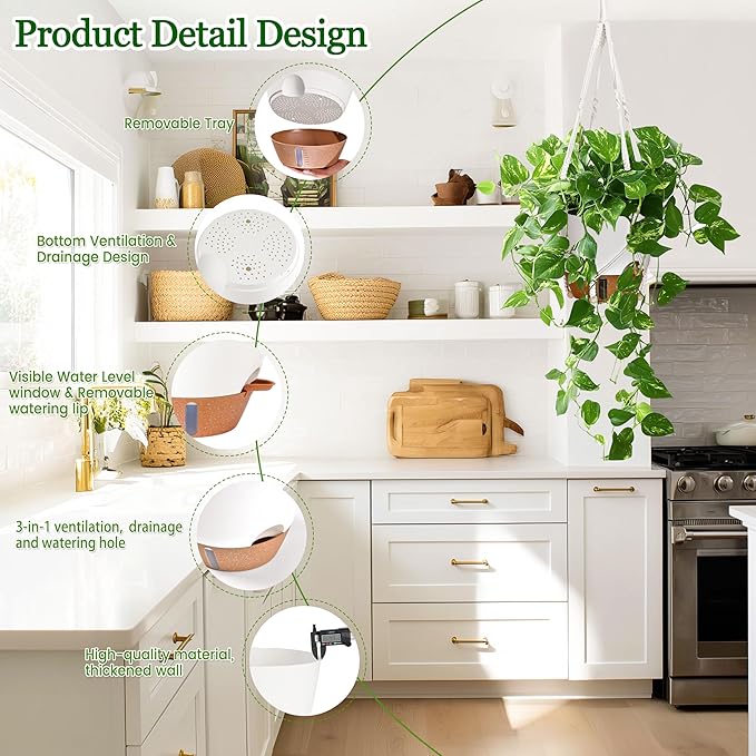 10 Inch Self Watering Hanging Planters, 2 Pack Plastic Flower Pots with Visible Water Window, Drainage Holes, Metal Chain & Macrame Hangers for Indoor & Outdoor Plants, White