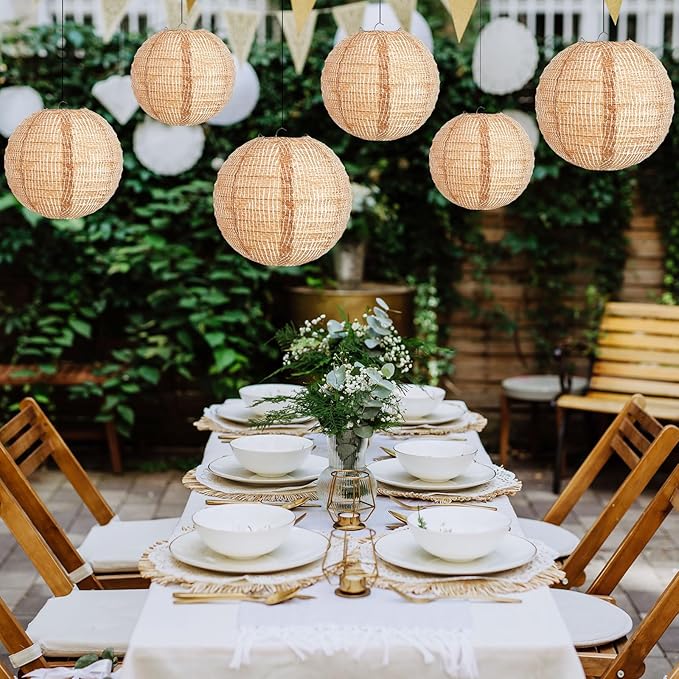 Hortsun 6 Pcs Print Burlap Paper Lanterns Round Chinese Paper Lanterns Farmhouse Boho Classroom Home Decor Classroom Sweet Birthday Party Ceremonial Event (8/10/12 Inch)