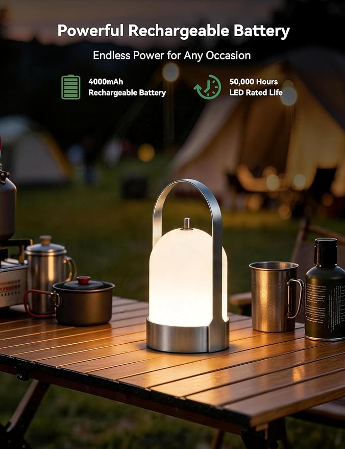 Tubicen Outdoor Table Lamp Portable Rechargeable Lamp Waterproof 4000mAh Battery Operated Lantern 4-Level Dimmable Cordless Touch Lamp for Bedroom Bathroom Patio Balcony Bar Camping Party, Nickel