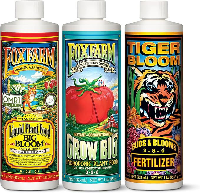 FoxFarm Hydro Liquid Trio Pack - Big Bloom, Grow Big Hydroponic, Tiger Bloom Fertilizers for Plant Growth, Bud Development & Abundant Fruit - Complete Hydroponic Plant Food Set - 3 Pint Bottles