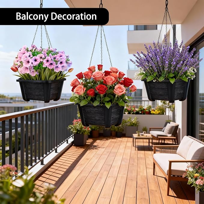 summer flower 3 Pack Hanging Planters for Railing, 9.84 Inch Plastic Window Box with Drain Hole Plug, Indoor Outdoor Flower Pots for Balcony Fence Garden Decor (Black)