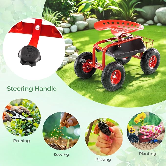 IRONMAX Garden Cart with Seat, Gardening Rolling Stool Scooter with 10’’ All-Terrain Wheels, Convenient Pull Handle & Tool Tray and Basket for Outdoor Planting (Red)