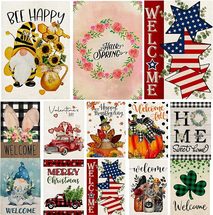 Seasonal Garden Flags for Outside, 12x18 Double Sided Yard Flags Outdoor Holiday Decor Set of 12 Small Burlap Welcome Garden Flags for All Seasons (Seasonal 01)