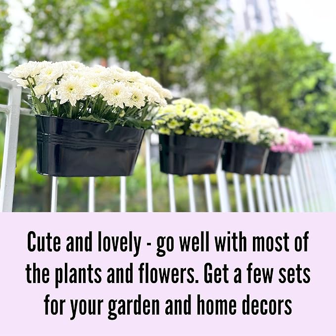 LaLaGreen Outdoor Plants Rail Planter (11.2 Inch, 5 Pack) Black Metal Iron Hanging Flower Pots Deck Railings Fence Buckets Modern Boho Style Wall Mount Window Box Plant Holder Hooks Porch Home Decor