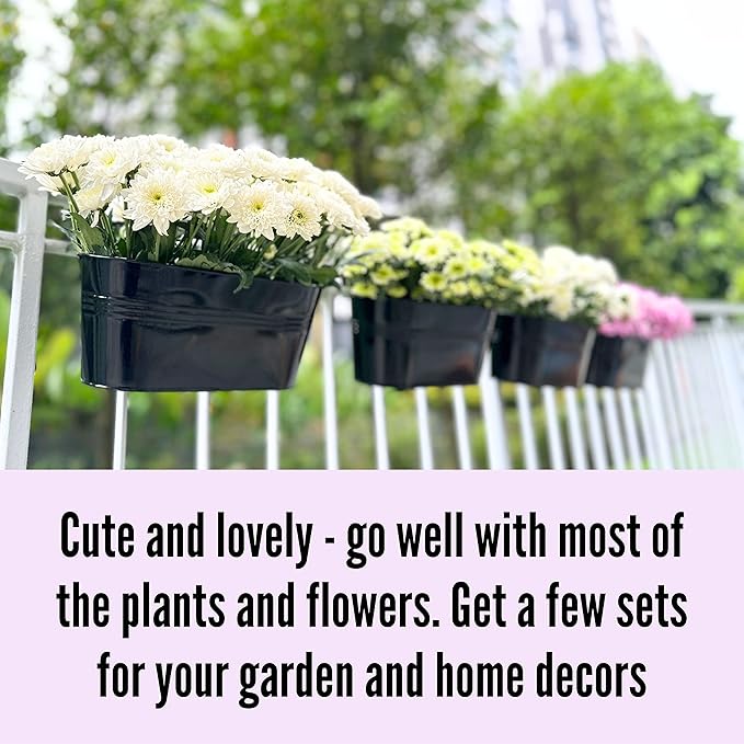 LaLaGreen Outdoor Plants Rail Planter (11.2 Inch, 15 Pack) Black Metal Iron Hanging Flower Pots Deck Railings Fence Buckets Modern Boho Style Wall Mount Window Box Plant Holder Hooks Porch Home Decor