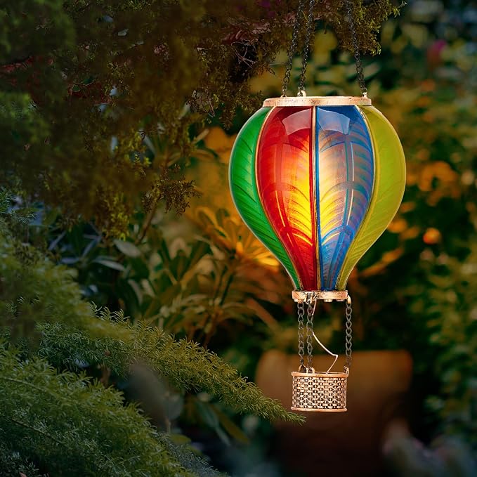 TERESA'S COLLECTIONS Hot Air Balloon Solar Lantern for Garden Decor ,Flickering Flame Hanging Solar Light for Outdoor ,Colorful Plastic Lamp for Yard Tree Gift for Mom