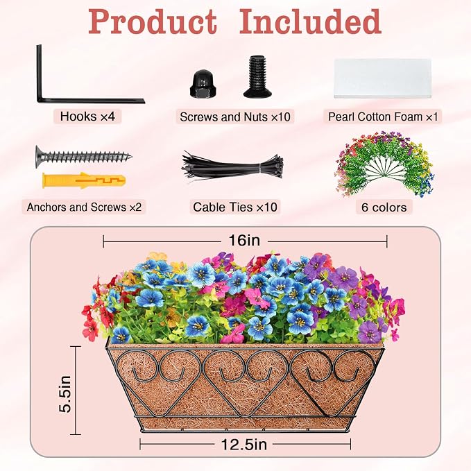 Halatool Railing Planter Box with Artificial Flowers, Metal Window Box with Coconut Liners & 12 PCS UV-Resistant Colorful Faux Flowers for Porch Patio Balcony Windowsill All Season Home Decor (16 in)