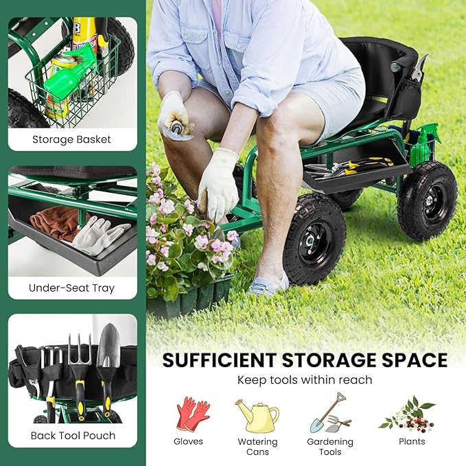 Byroce Rolling Garden Cart with Seat, Heavy Duty Wheelbarrow Utility Cart with Metal Frame, Swivel Seat, Tool Tray, Storage Basket & Adjustable Handle, Outdoor Garden Wagon Scooter for Yard (Green)