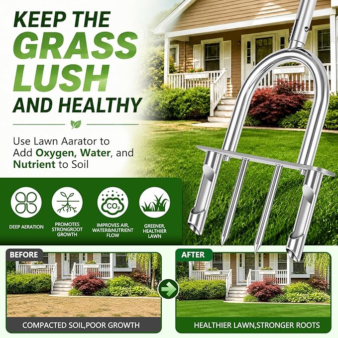 Manual Lawn Core Aerator Tool with 2 Hollow Tines & 2 Spikes, Adjustable Semi-Assembled Plug Aerator, Stainless Steel Grass Aerator for Lawn Care, Garden & Yard, Relieves Compacted Soil