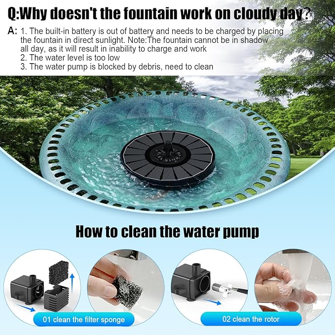 Solar Fountain Work On Cloudy Day,Solar Water Bird Bath Fountain with Faster Conversion Glass Solar Panel and Power Indicator,Built-in 2000mAh Battery,Outdoor Garden Decor(Black Panel)