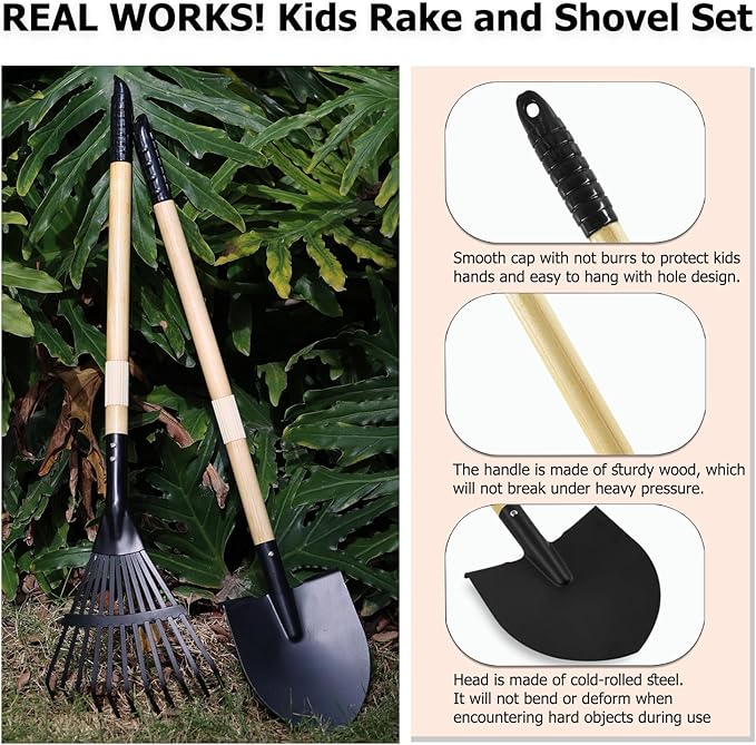 Kids Garden Tool Set, 4-Piece Rake and Shovel with Wooden Handles, 28 Inch Long, Black Metal Gardening Tools for Boys and Girls