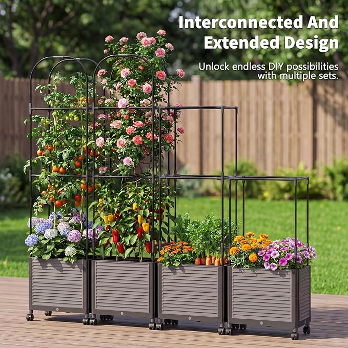 Raised Garden Bed Planter Box with Trellis, 61''H Tomato Planters for Climbing Plants Vegetable Vine Flowers Outdoor Patio Tomato Cage, Self Watering Planter with Wheels