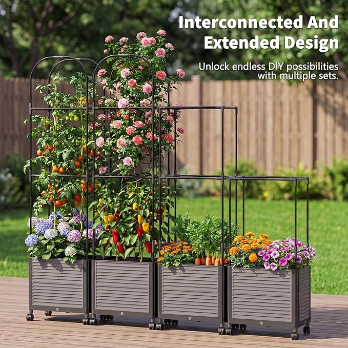 Raised Garden Bed Planter Box with Trellis, 61''H Tomato Planters for Climbing Plants Vegetable Vine Flowers Outdoor Patio Tomato Cage, Self Watering Planter with Wheels