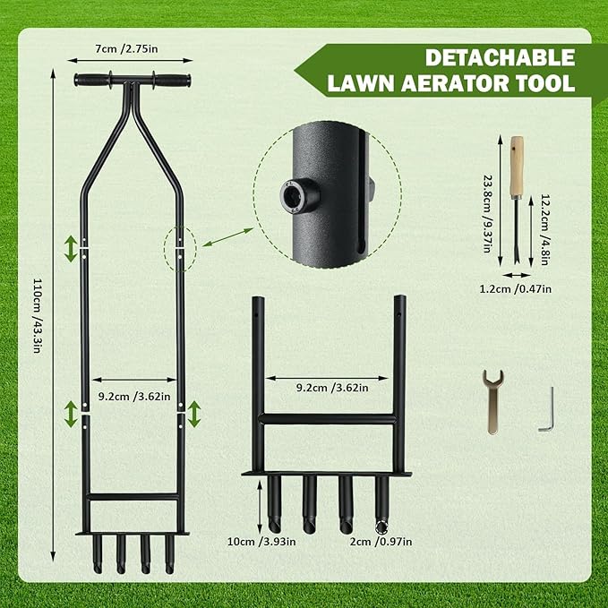 Manual Lawn Aerator Tool, Heavy Duty Detachable Iron Grass Aerator with Root Weeder, Reducing Soil Compaction, Yard Aeration Tool for Garden & Lawn Care