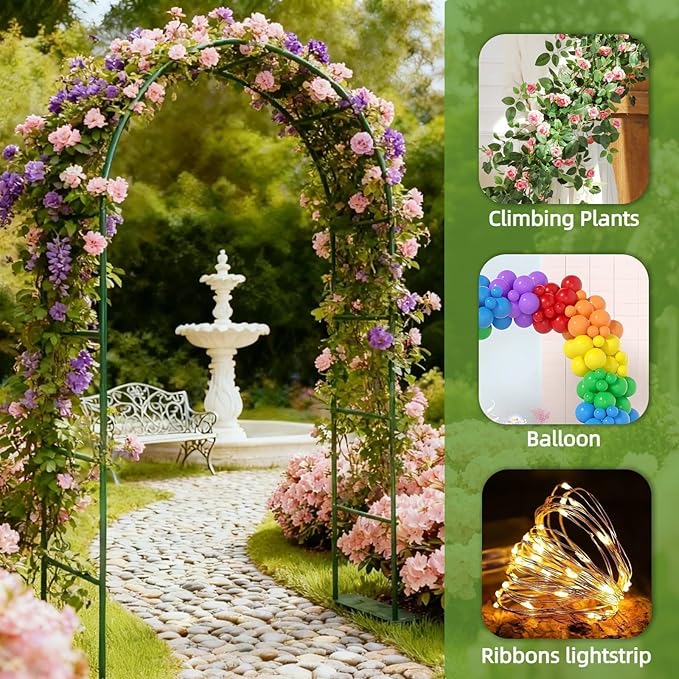 Thickened Metal Garden Arch with Detachable Base, 16mm Rust-Resistant Archway for Climbing Plants, Dual Size Convertible Arbor for Wedding & Party & Garden Decoration