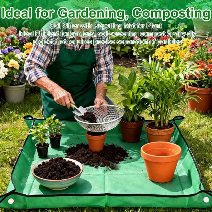 3PACK Soil Sifter for Gardening - Rock Sand Dirt Compost Sifter Fits 5-Gallon Buckets 1/4 Inch, 1/8 Inch, 3/8 Inch Mesh Sieve for Gravel, Dirt, Sawdust with Repotting Mat