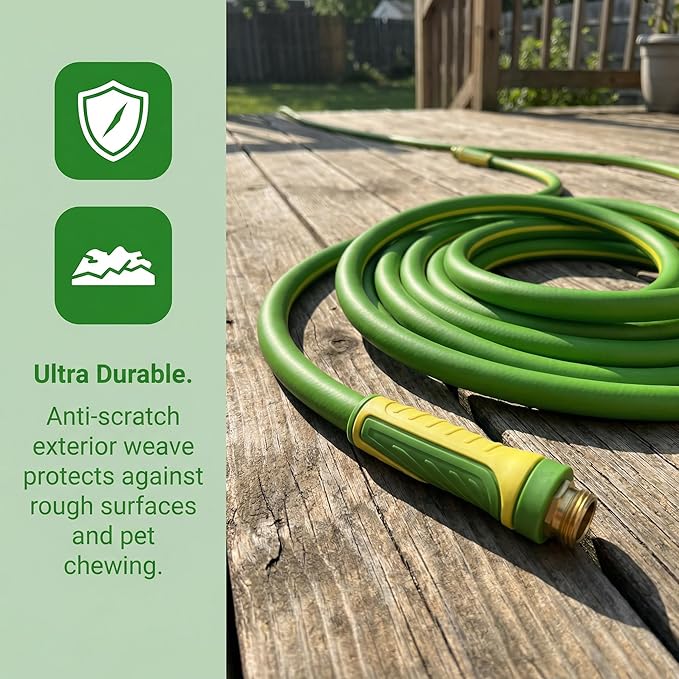PremiumPro 50FT 5/8" Heavy Duty Reinforced Garden Hose, Large Flow,600 PSI Burst Pressure, Four Layer Hybrid Polymer Anti Kink with 360 Swivel Brass Connectors and handle for yard,washing & irrigation
