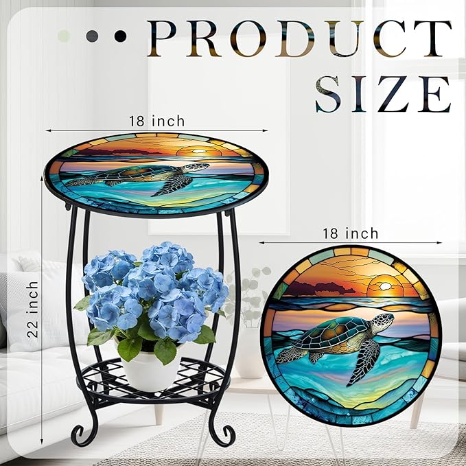 Cinnvoice Outdoor Side Table Round Small Mosaic Patio Accent Indoor End Plant Coffee Tea Table for Yard Patio Porch Garden Living Room, Bedroom(Turtle Style,18 Inch)