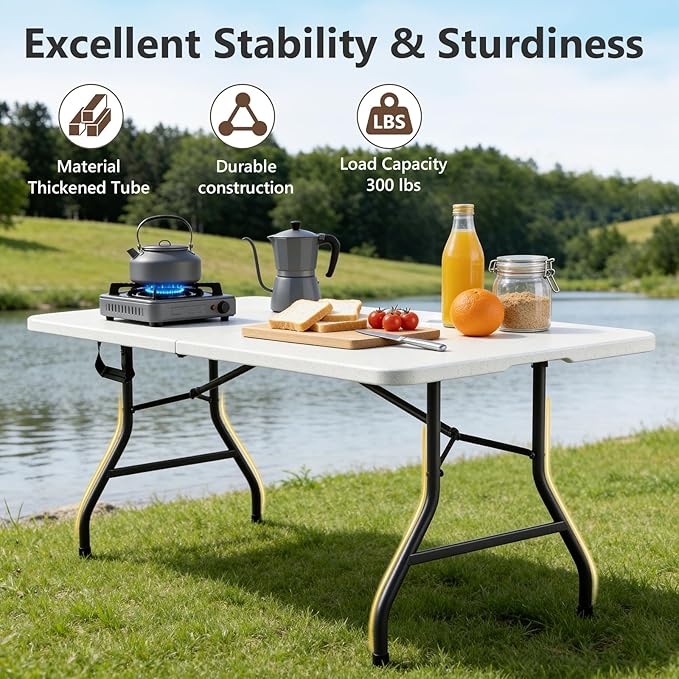 Folding Table 4 Pack, 6 FT Foldable Plastic Table with Carrying Handle, Heavy Duty Portable Fold-in-Half Utility Table for Party, Camping, Banquet, Craft, Wedding, Indoor & Outdoor Use