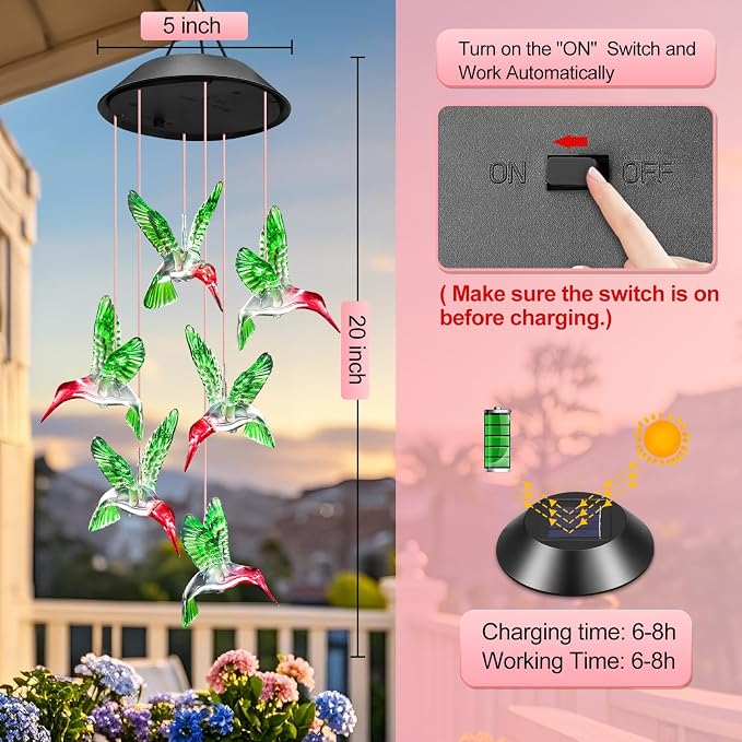 Gifts for Grandma Mom Nana Wife Sister, Mother Birthday Gardening Hummingbird Gifts for Women, Winzwon Wind Chimes Solar Lights Outdoor Decor for Garden Patio Yard Porch