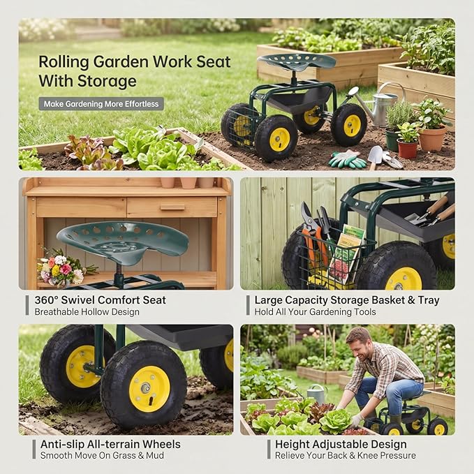 Kintness Garden Cart Rolling Wagon Scooter for Planting Swivel Work Seat with Tool Storage Utility Basket, Garden Scooter with 10" inch Wheel for Garden