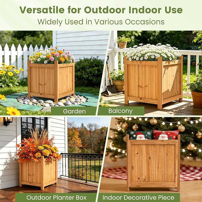 Set of 2 Wooden Planter Boxes Outdoor, 16.1" Square Fir Wood Flower Planters with Liner, Drainage Holes & Removable Bottom Board, Natural Wood Outdoor Bucket Planter for Patio Porch Yard Garden