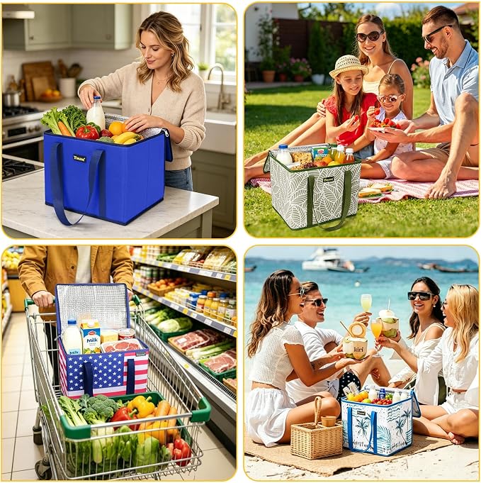 BALEINE 1Pk Insulated Reusable Grocery Bags, Foldable Shopping Bags for Groceries with Reinforced Bottom & Handles (Blue)
